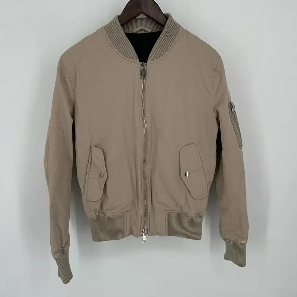 AMI PARIS Beige Bomber Jacket Designer Size Small Full Zip Classic Cotton Linen
